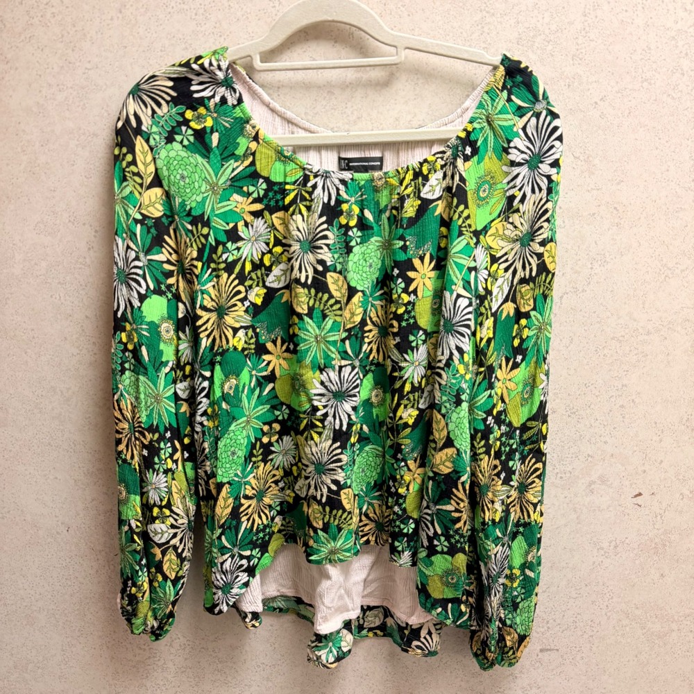 INC International Concepts XL Womens Boho Festive Lined Floral Green Yellow Top‎